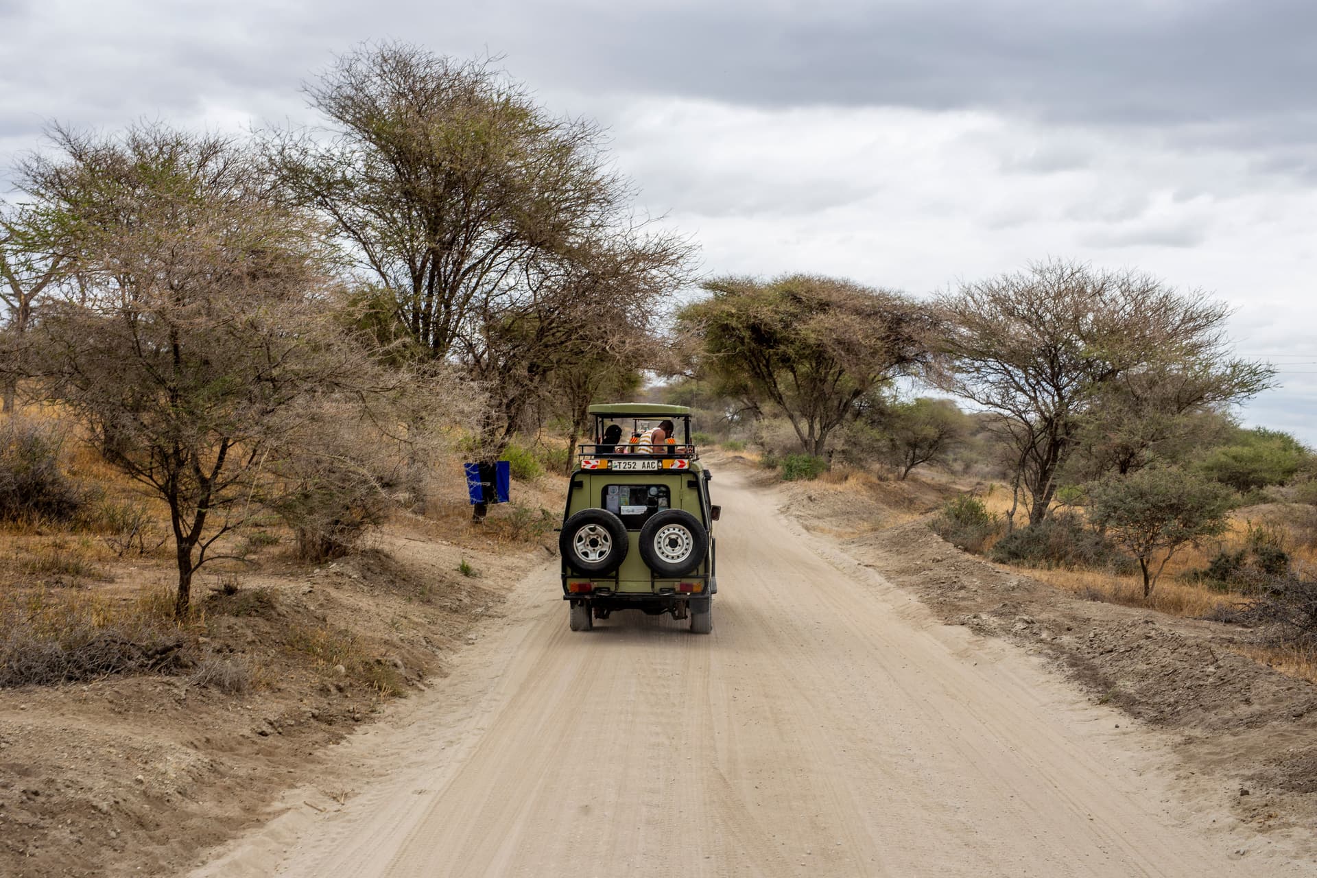 Ein Safari-Geländewagen mit entfernten Insassen auf einer staubigen Straße zwischen Bäumen in Tansania.